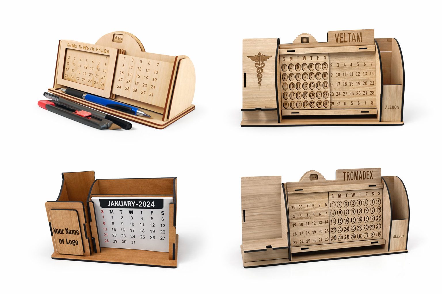 Wooden Perpetual Desk Calendar with Pen Holder